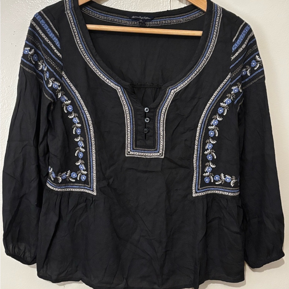 American Eagle Outfitters retro-style dark-blue blouse